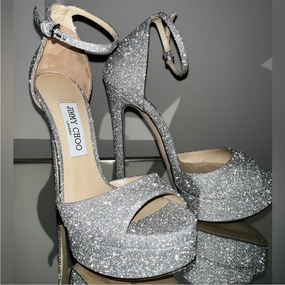 Jimmy Choo Max 150 Metallic Silver Glitter Platform Stiletto Sandals 35 - Picture 4 of 14